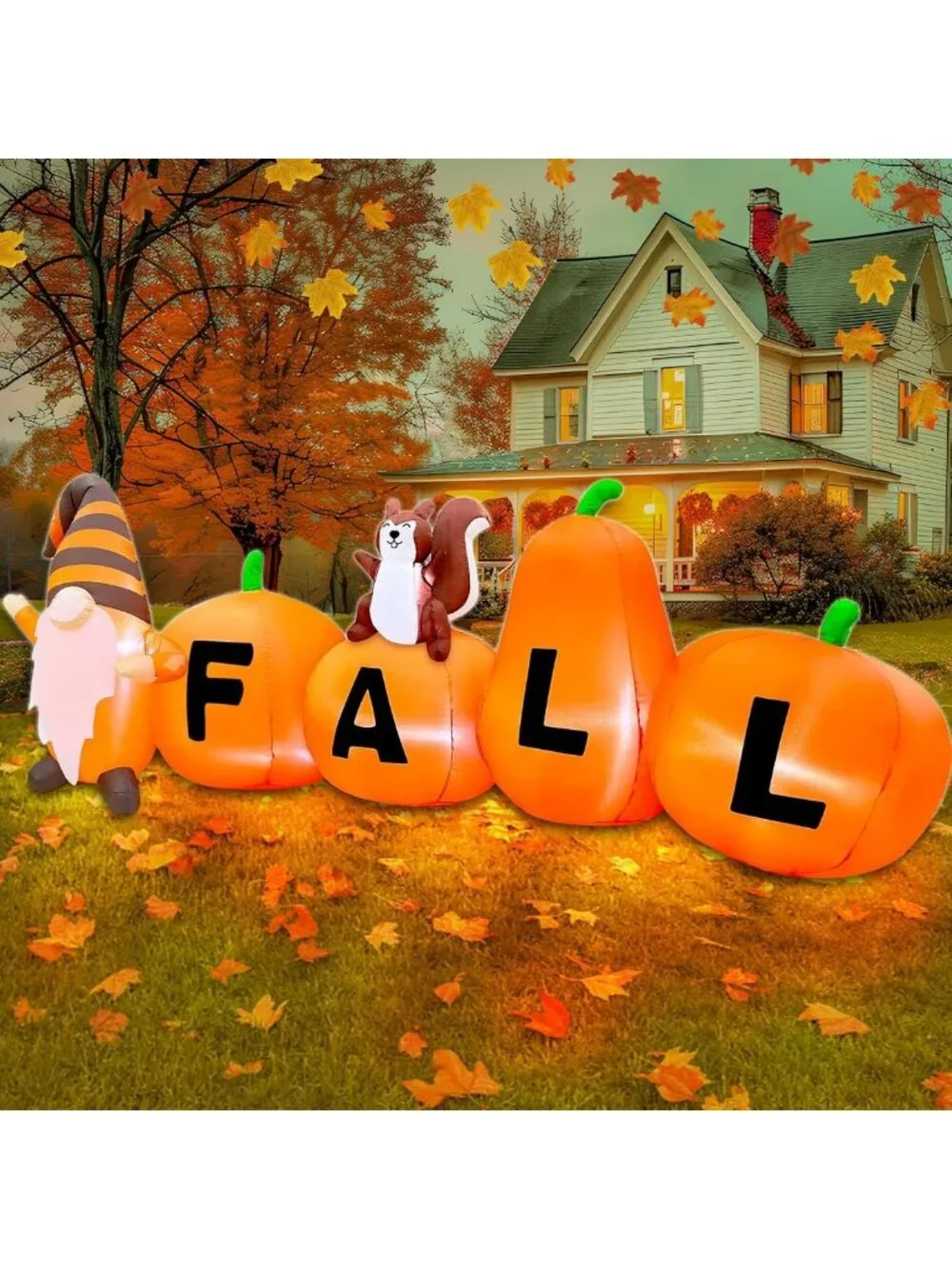 7FT Fall Inflatables Outdoor Decor - Pumpkin, Gnome & Squirrel with LED Lights